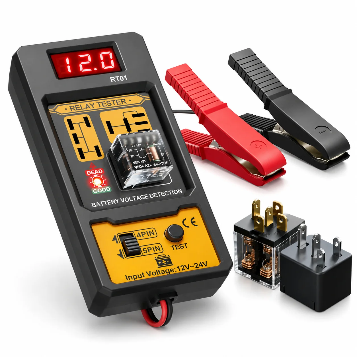 RT01 Car Relay Tester with Battery Clamps, 12V Universal 4/5 Pin Relay Test Tool, Heavy-Duty Automotive Electrical Diagnostic Eq