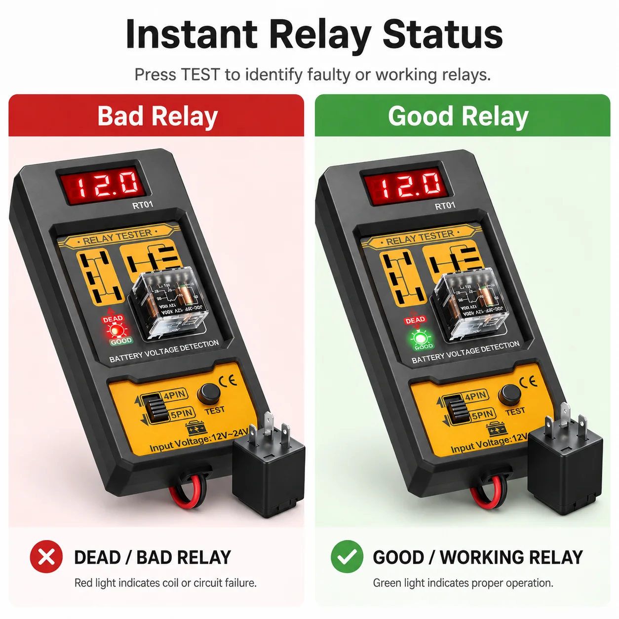 RT01 Car Relay Tester with Battery Clamps, 12V Universal 4/5 Pin Relay Test Tool, Heavy-Duty Automotive Electrical Diagnostic Eq