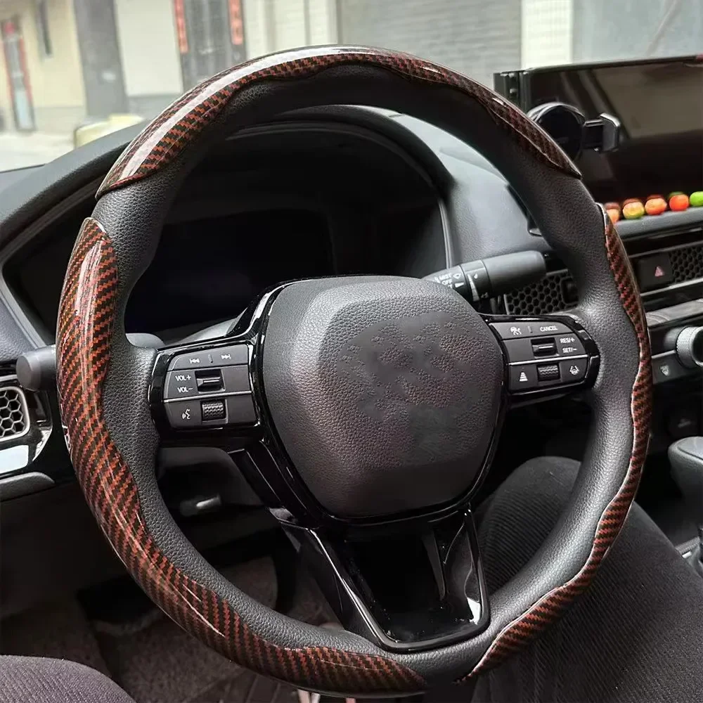 3PCS Laser Carbon Fiber Silicone Car Steering Wheel Cover 1K Micro Fiber Leather PVC Wheel Booster Cover Non-Slip Universal