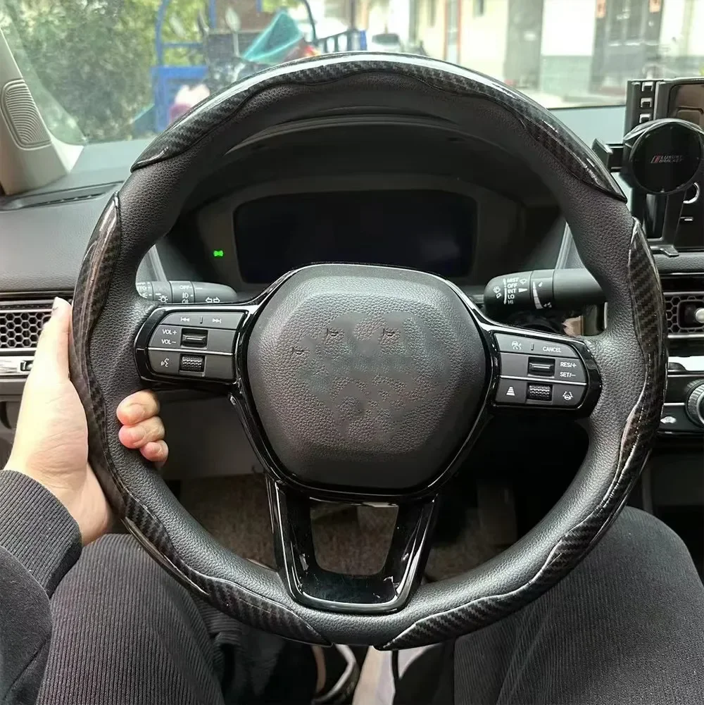 3PCS Laser Carbon Fiber Silicone Car Steering Wheel Cover 1K Micro Fiber Leather PVC Wheel Booster Cover Non-Slip Universal