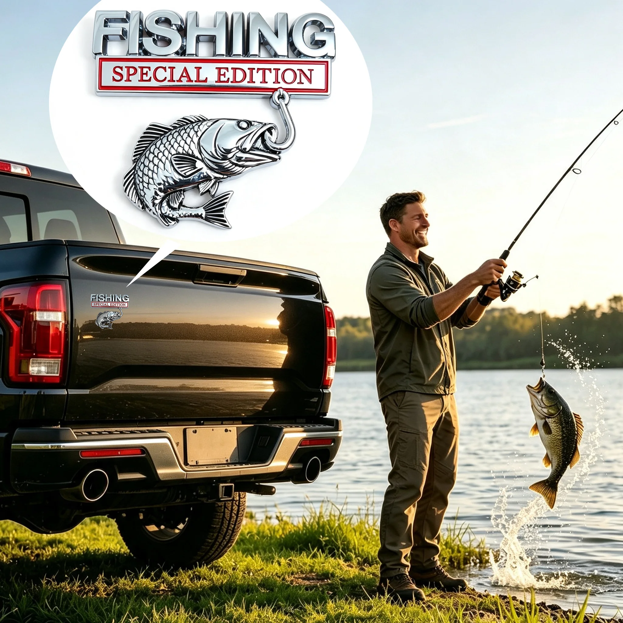3D Metal Car Emblem Sticker Fishing Special Edition Realistic Bass Fish Hook Trunk Fender Badge Decal Waterproof Auto Exterior