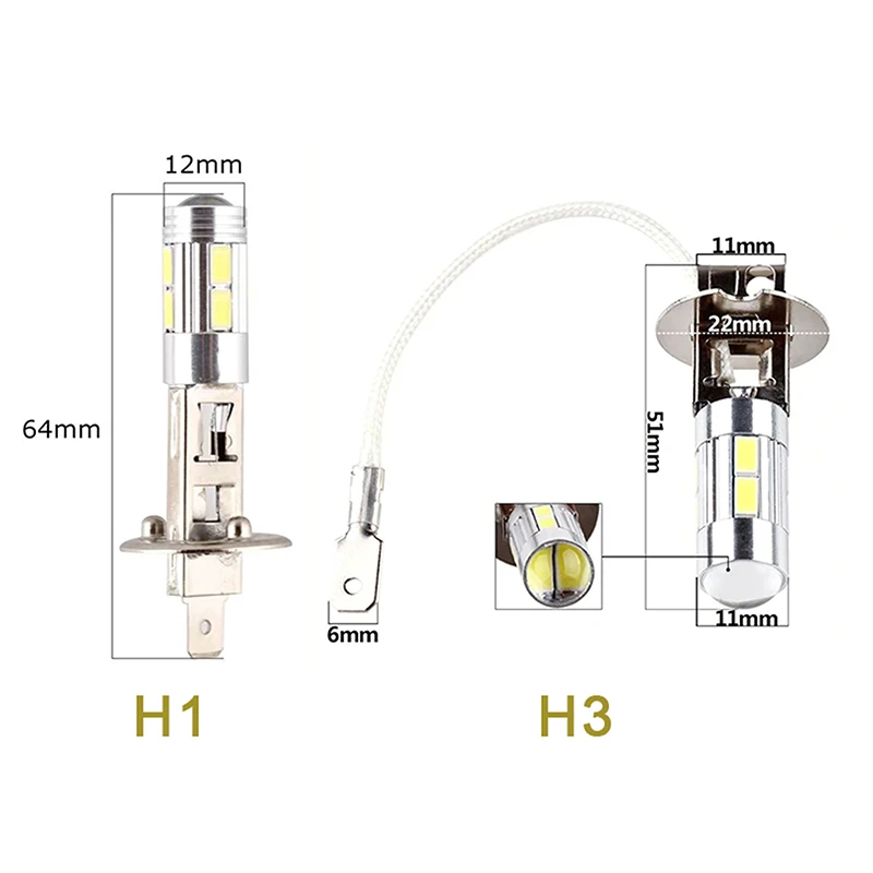 2PCS H1 H3 LED Car Bulbs 6000K White LED High Power 10-SMD 5630 Car Decoding Fog Light Driving DRL Auto Lamp