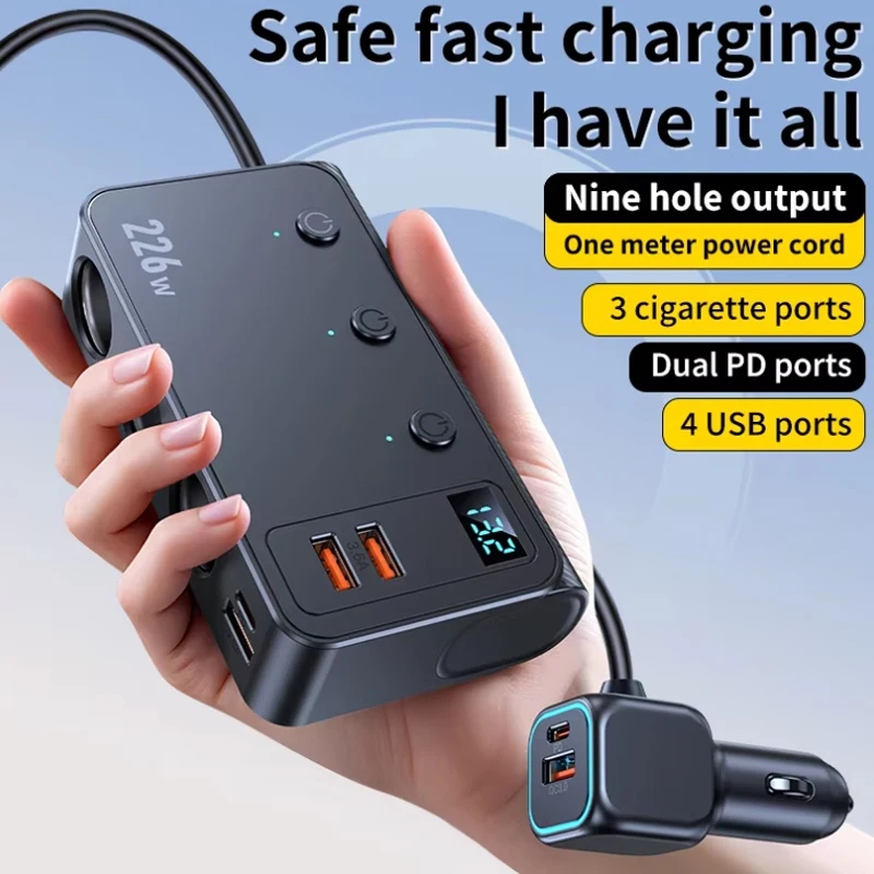 226W Car Charger Adapter 9 in 1 PD 3 Socket Cigarette Lighter Splitter Charge Independent Switches 12V 24V Fast Charger