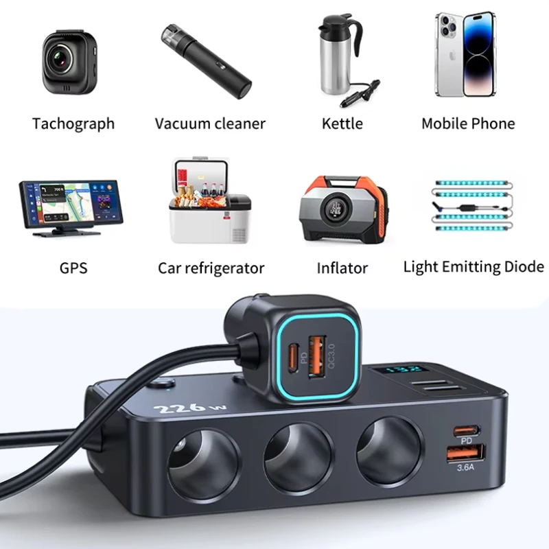 226W Car Charger Adapter 9 in 1 PD 3 Socket Cigarette Lighter Splitter Charge Independent Switches 12V 24V Fast Charger