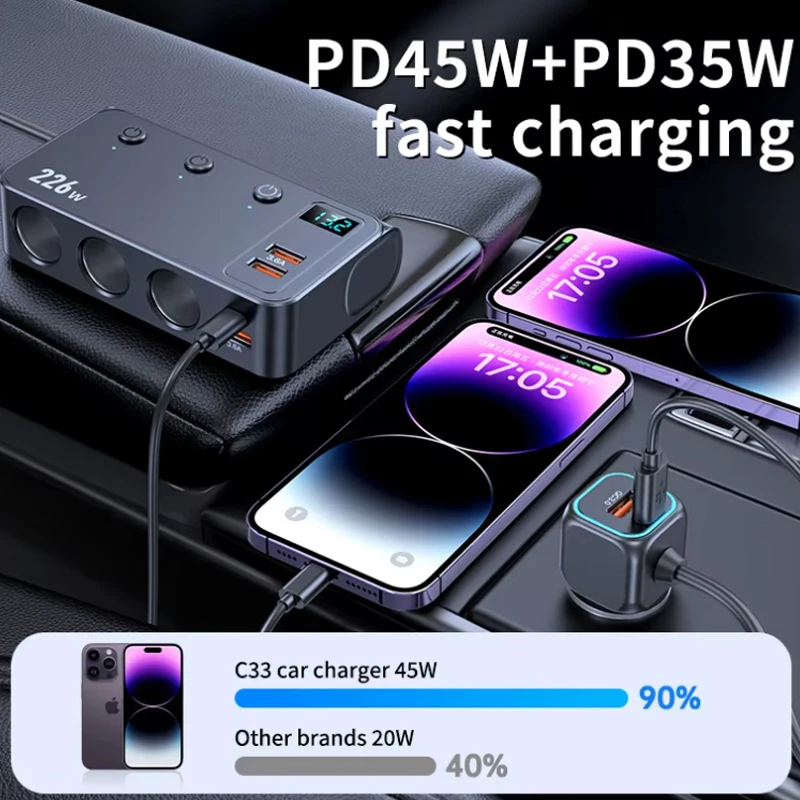 226W Car Charger Adapter 9 in 1 PD 3 Socket Cigarette Lighter Splitter Charge Independent Switches 12V 24V Fast Charger