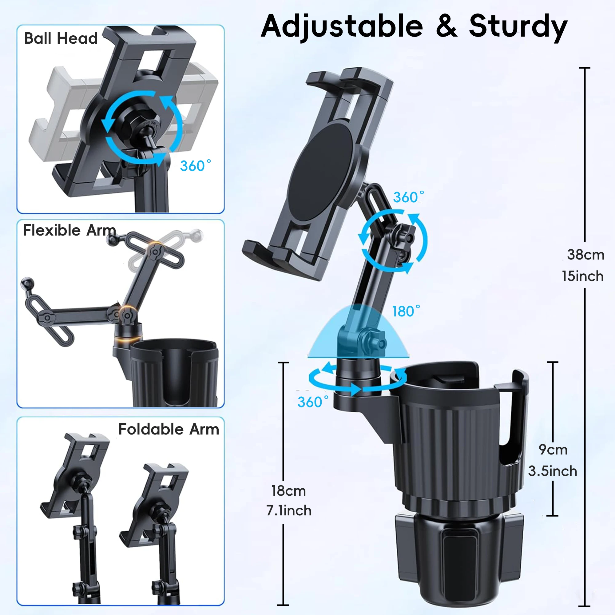 Tablet Holder for Car, 3 in 1 Cup Holder ipad Car Phone Mount with Expander,Adjustable Base and Long Arm for 4-12.9‘’ Tablet,