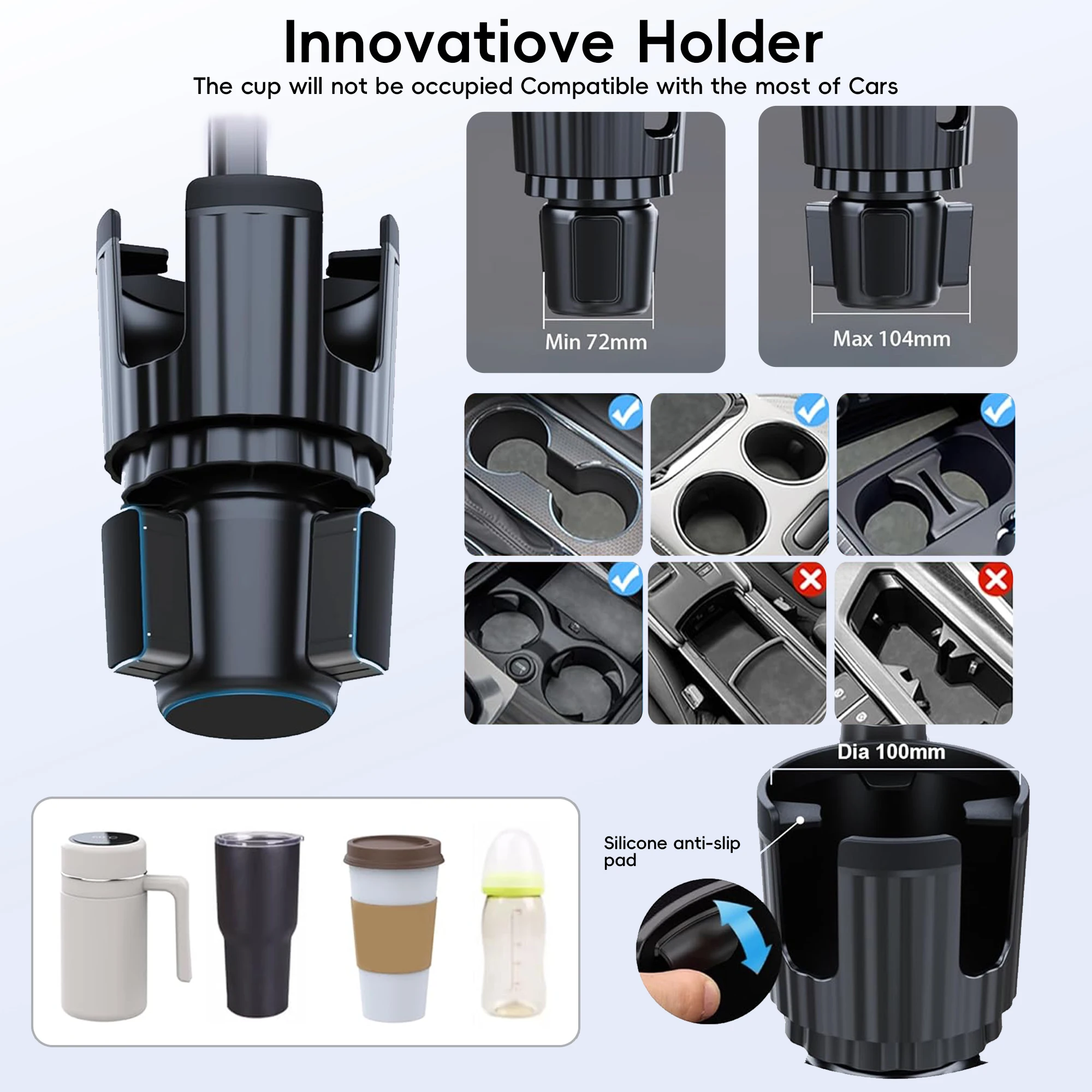 Tablet Holder for Car, 3 in 1 Cup Holder ipad Car Phone Mount with Expander,Adjustable Base and Long Arm for 4-12.9‘’ Tablet,