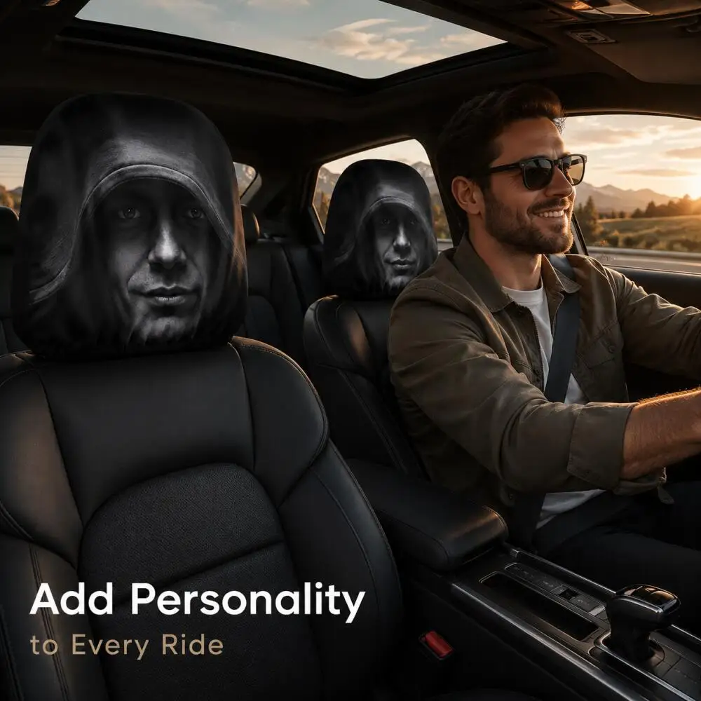 2PCS Mysterious Hooded Man Face Car Headrest Covers 2D Flat Cool Hoodie Black Street Universal Auto Headrest Protector