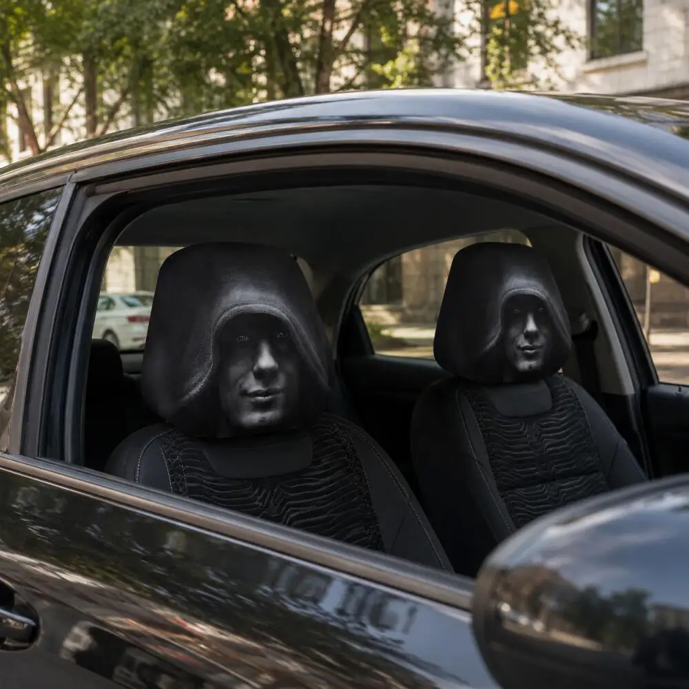 2PCS Mysterious Hooded Man Face Car Headrest Covers 2D Flat Cool Hoodie Black Street Universal Auto Headrest Protector