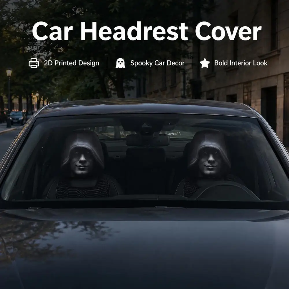 2PCS Mysterious Hooded Man Face Car Headrest Covers 2D Flat Cool Hoodie Black Street Universal Auto Headrest Protector