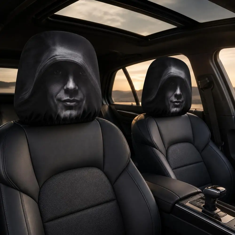 2PCS Mysterious Hooded Man Face Car Headrest Covers 2D Flat Cool Hoodie Black Street Universal Auto Headrest Protector