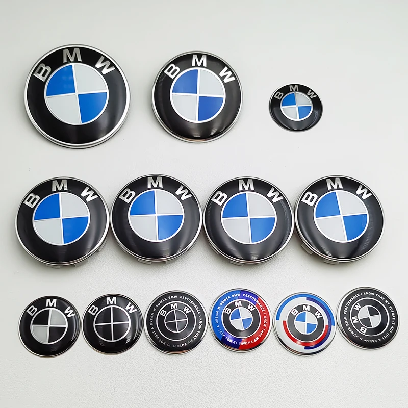 7pcs BMW Emblem Set 82mm 74mm 45mm 56mm 68mm Car Front Hood Logo Rear Trunk Badge Wheel Center Hub Caps Steering Wheel Sticker