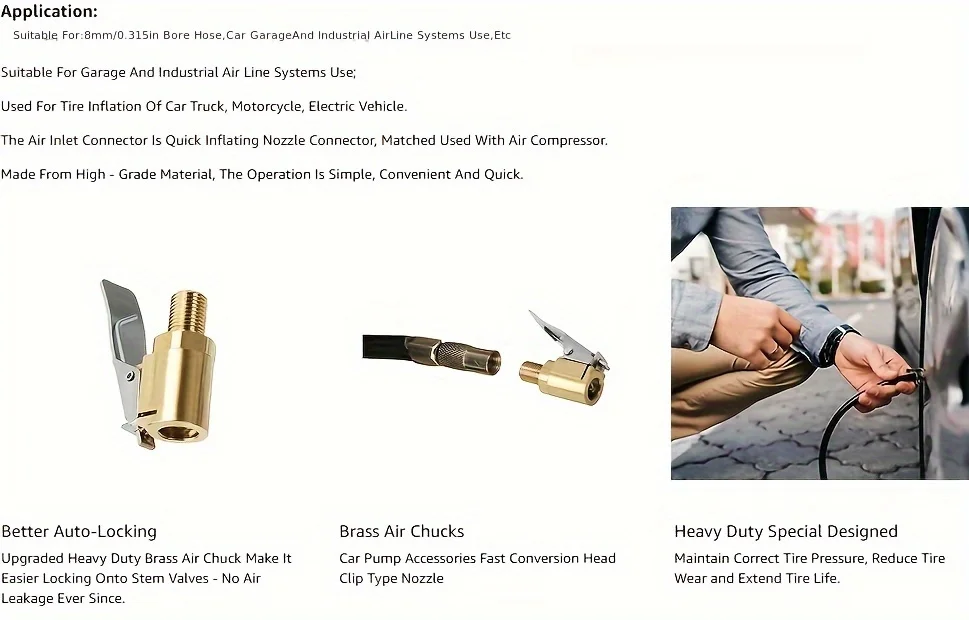 Universal Brass Locking Tyre Air Chuck Clip Adapter Automotive Grade Quick Inflation for Car Motorcycle Bike Accessories