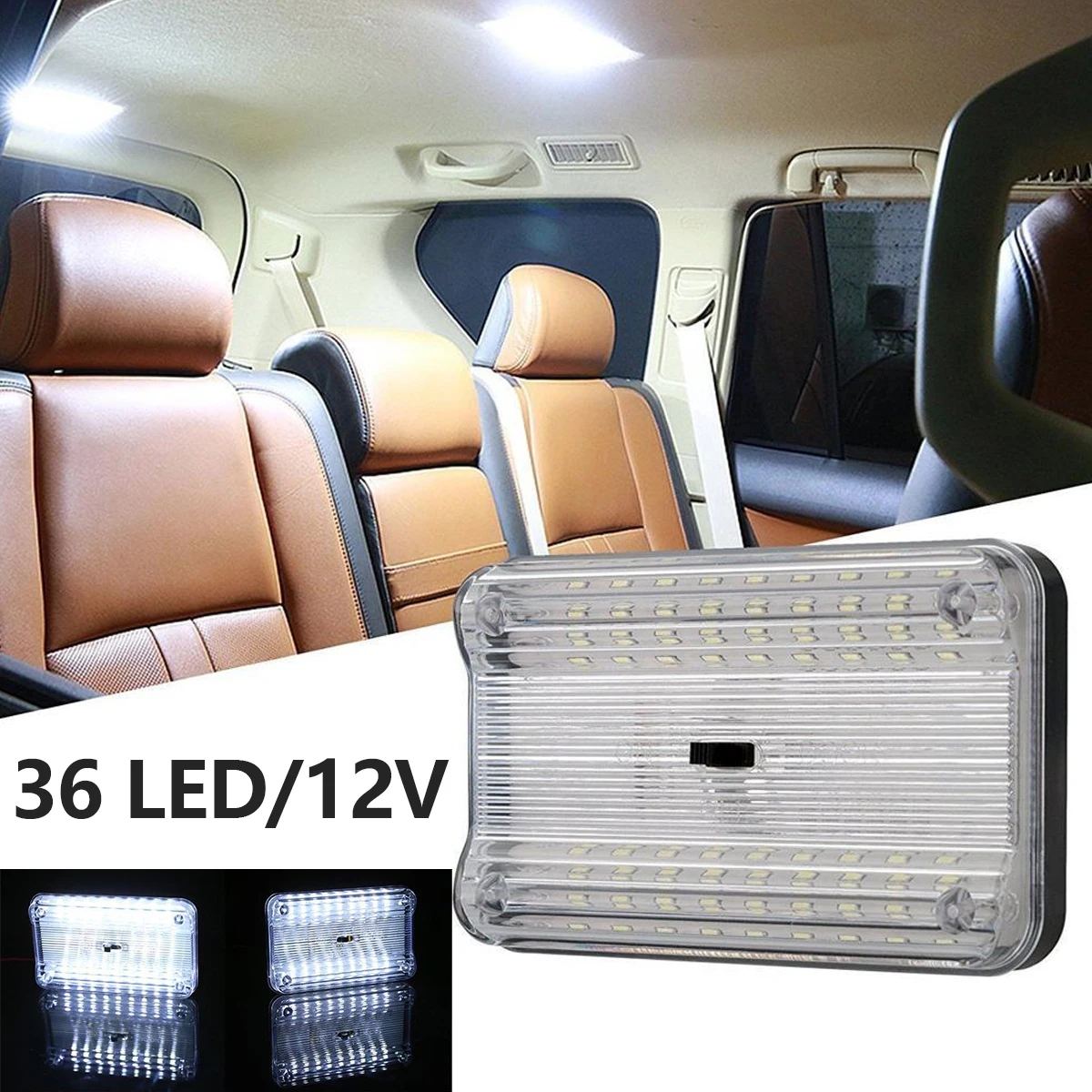 36 LED Car White Rectangular Lights 12V Vehicle Ceiling LED Lighting Lamp Auto Dome Reading Light with On/Off Switch Trunk Lamp