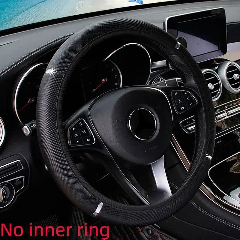 Leather Metal Strip Sporty Pop Car without Inner Rim Steering Wheel Cover Car Accessories Fit 14.5-15 Inches