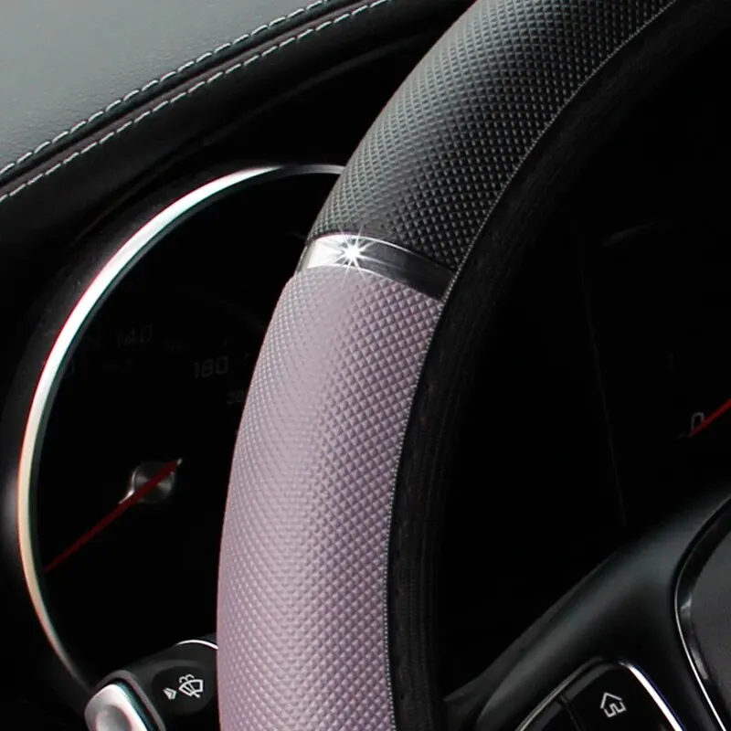 Leather Metal Strip Sporty Pop Car without Inner Rim Steering Wheel Cover Car Accessories Fit 14.5-15 Inches