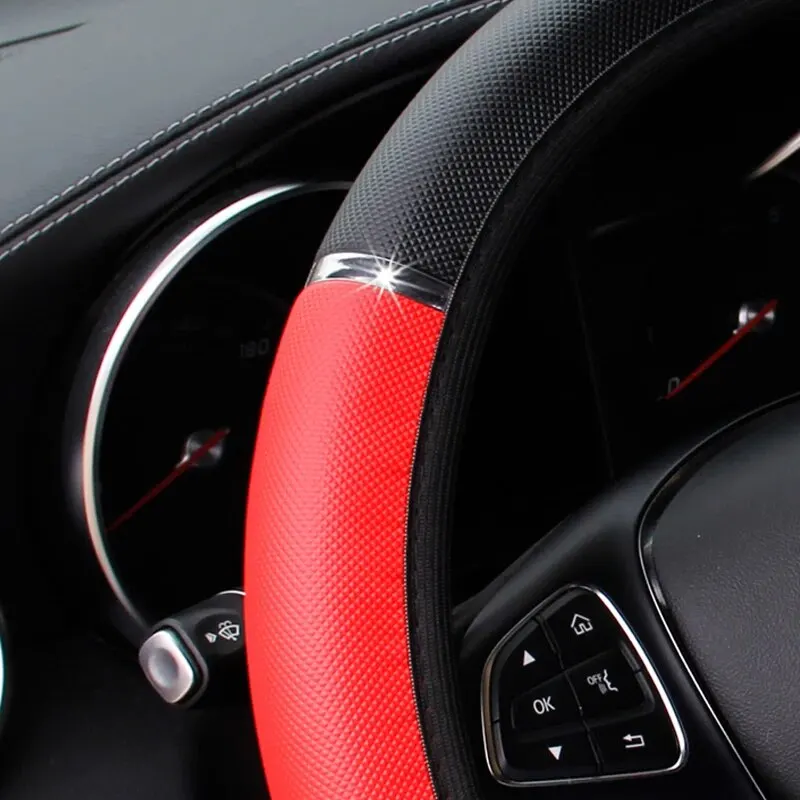 Leather Metal Strip Sporty Pop Car without Inner Rim Steering Wheel Cover Car Accessories Fit 14.5-15 Inches