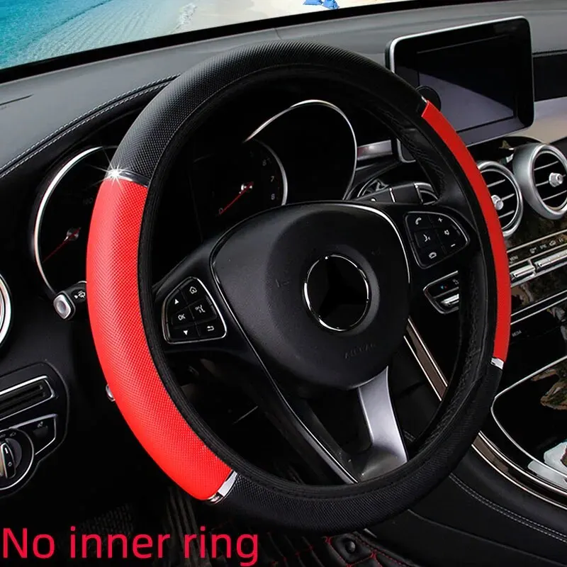 Leather Metal Strip Sporty Pop Car without Inner Rim Steering Wheel Cover Car Accessories Fit 14.5-15 Inches