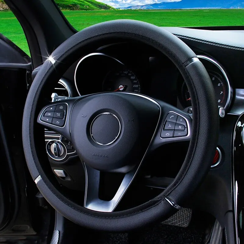Leather Metal Strip Sporty Pop Car without Inner Rim Steering Wheel Cover Car Accessories Fit 14.5-15 Inches