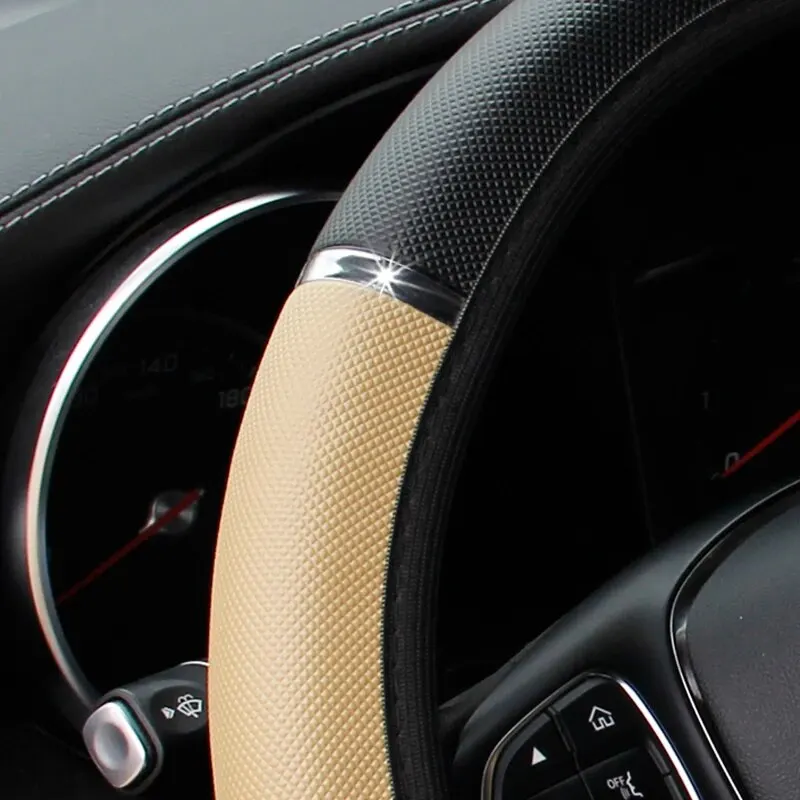 Leather Metal Strip Sporty Pop Car without Inner Rim Steering Wheel Cover Car Accessories Fit 14.5-15 Inches