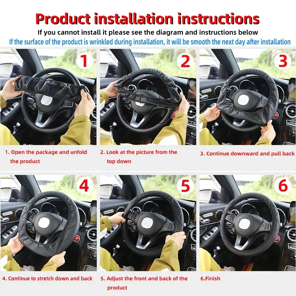 Leather Metal Strip Sporty Pop Car without Inner Rim Steering Wheel Cover Car Accessories Fit 14.5-15 Inches