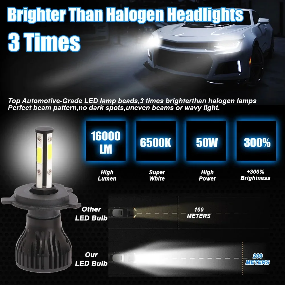 2pcs 16000Lm 50W H4 H8 H9 9004 9007 Hi/Lo Beam H1 H3 H7 9005/HB3 9006/HB4 H8H9H11 9012 Auto Led Headlight White Car Lights 12V
