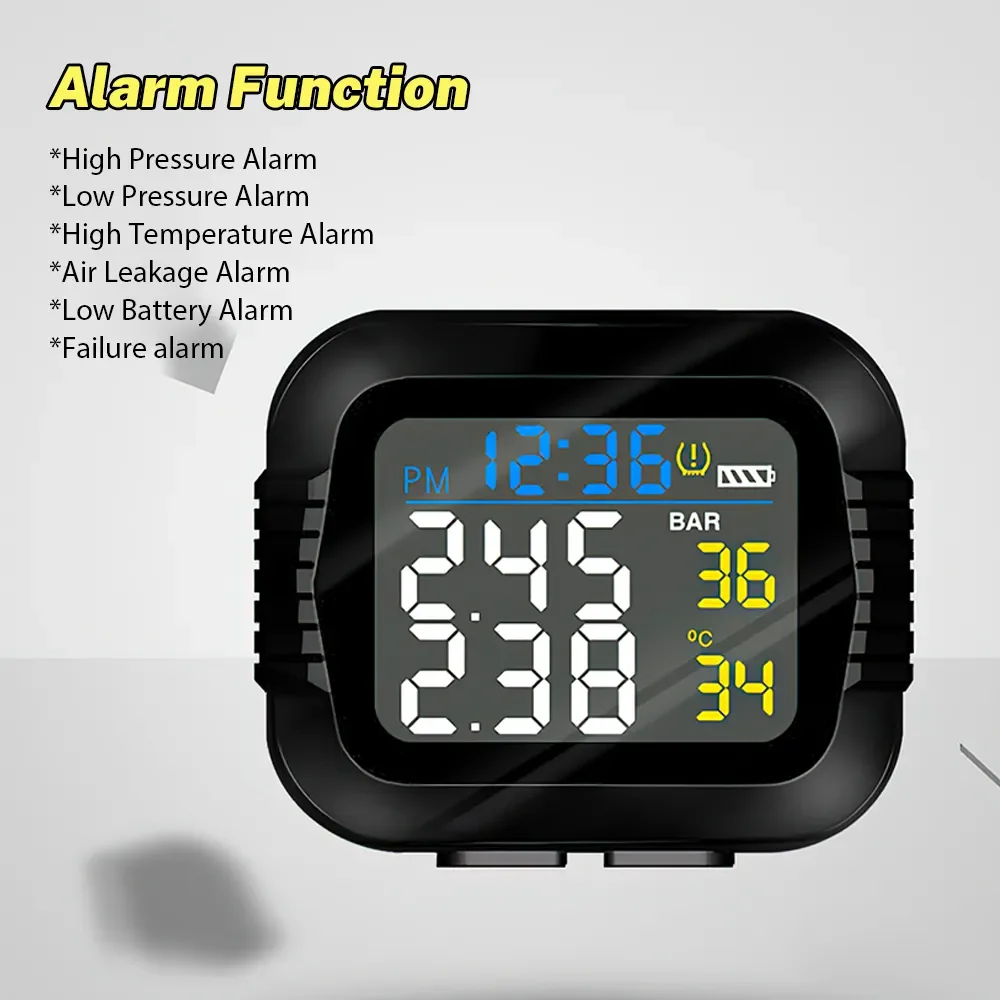 Motorcycle TPMS Tire Pressure Monitoring System Temperature Alarm With 2 External Sensors Moto Tyre Alarm Systems Real Time