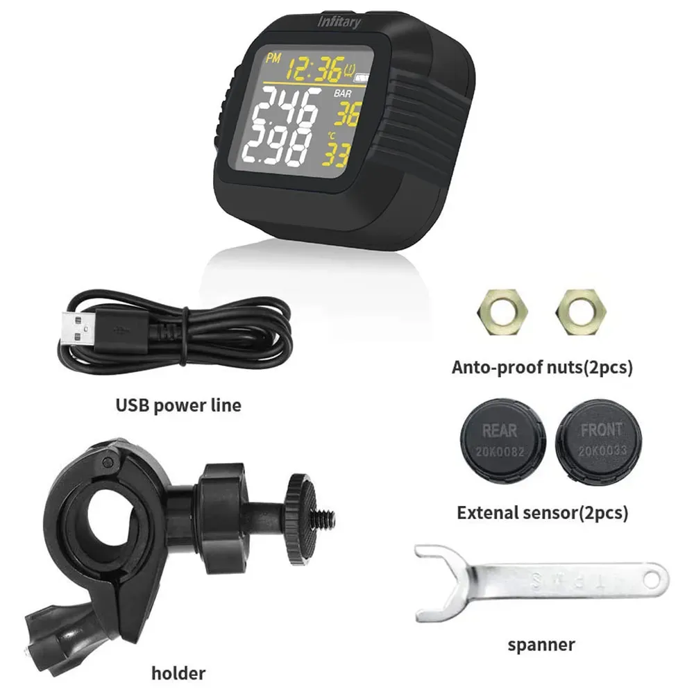 Motorcycle TPMS Tire Pressure Monitoring System Temperature Alarm With 2 External Sensors Moto Tyre Alarm Systems Real Time