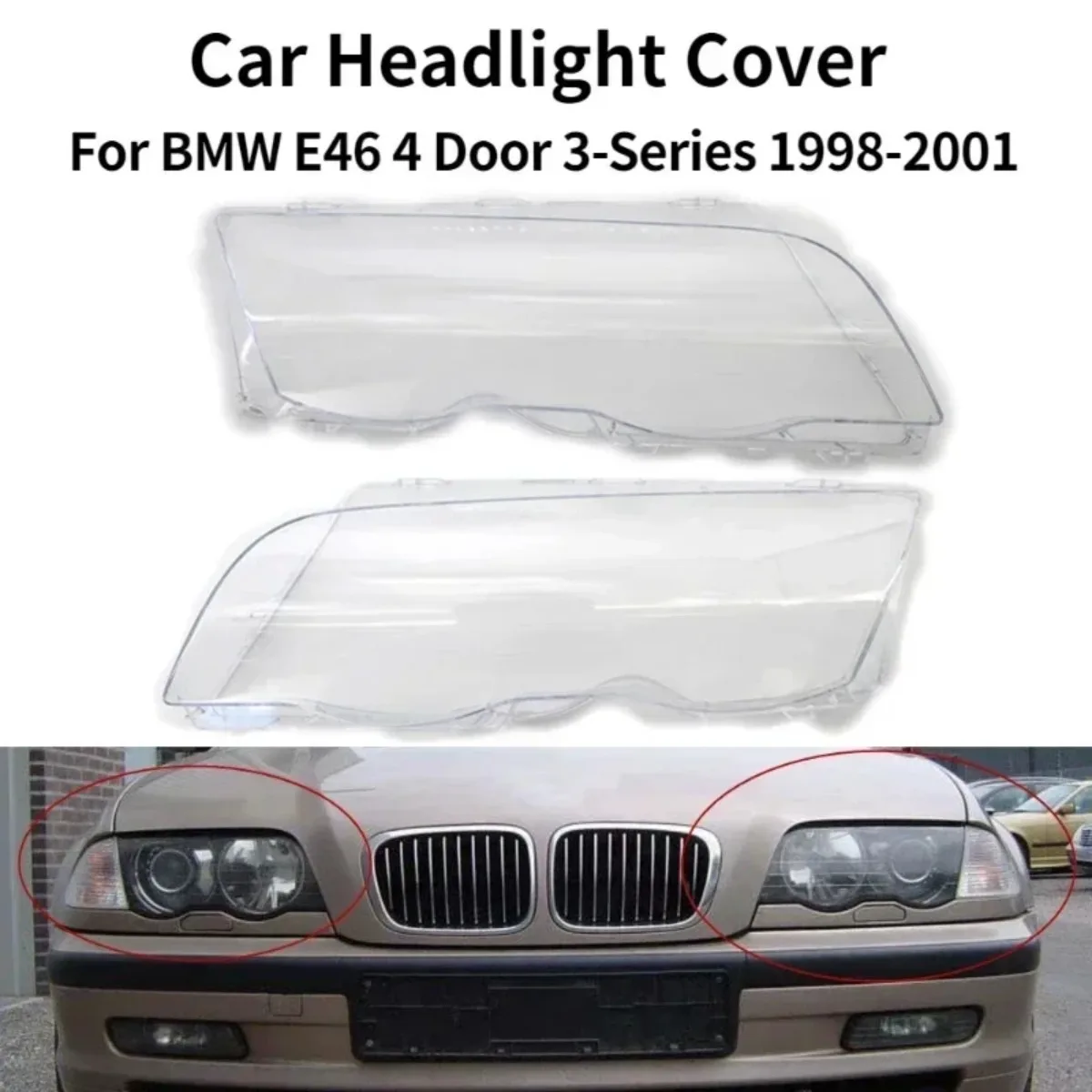 Pair Car Headlight Cover For BMW E46 4 Door 3-Series 1998 1999 2000 2001 Lampshade Bright Shell Head Lamp Lens Covers