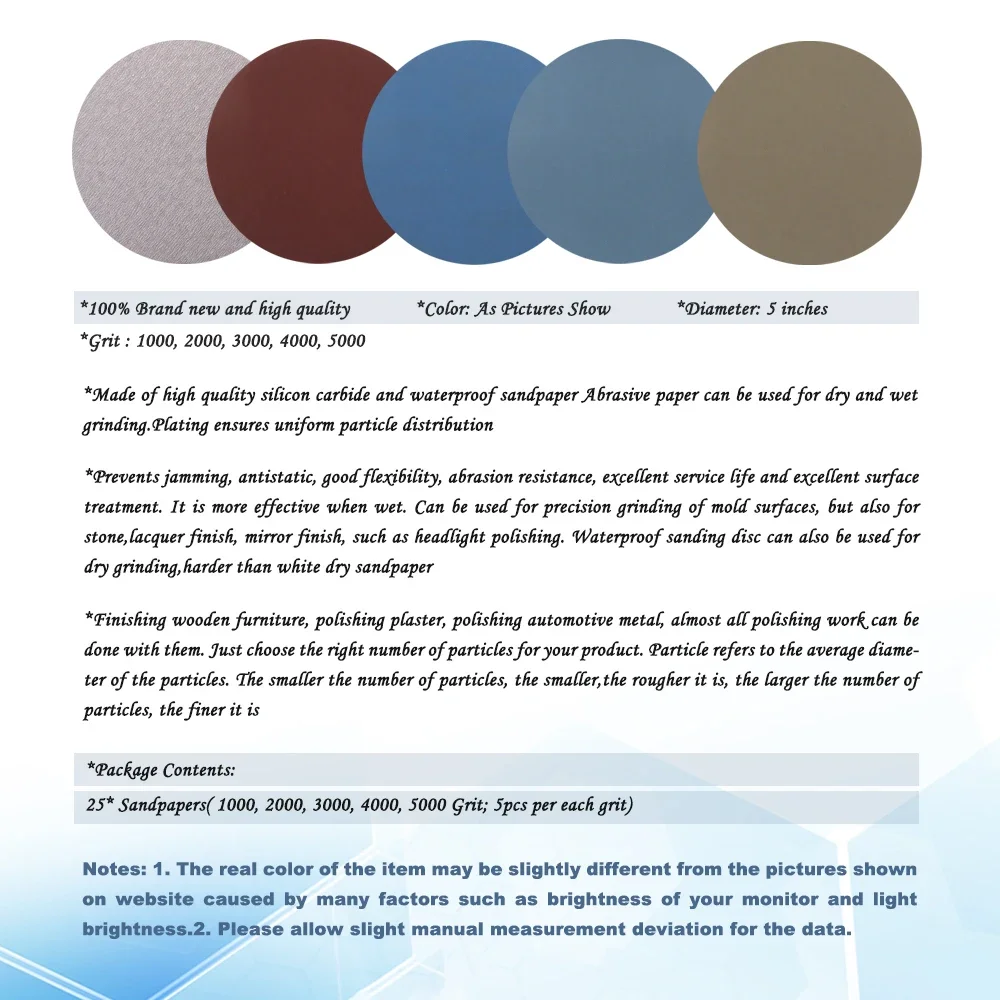1/2/3/4/5/6 Inch Hook and Loop Sandpaper 25 Pcs Assorted 1000 /2000 /3000 /4000/ 5000 Grit Sanding Paper Round for Polishing