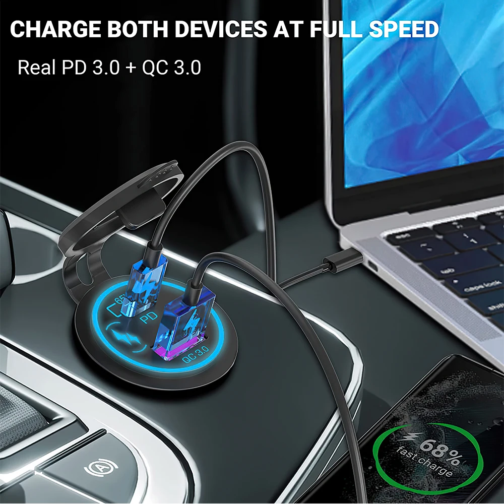 85W PD Type C/QC 3.0 USB Car Charger with Switch Fast Charge Socket Power Outlet Adapter Waterproof For 12V 24V Car Truck Boat