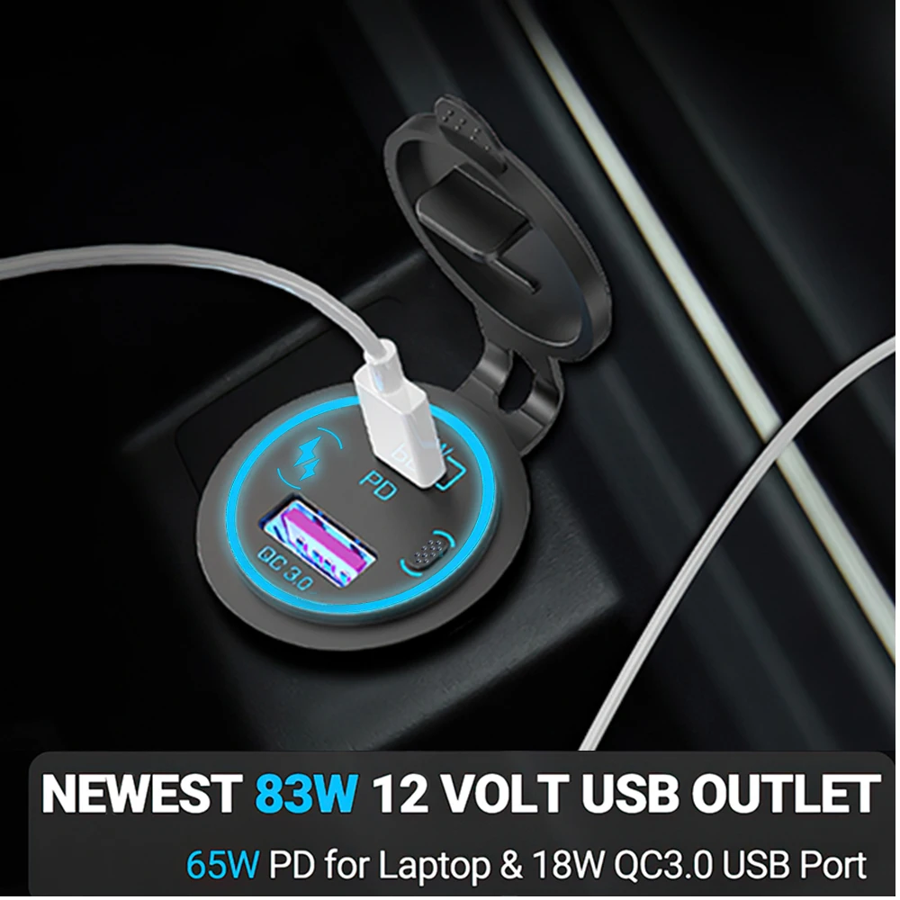 85W PD Type C/QC 3.0 USB Car Charger with Switch Fast Charge Socket Power Outlet Adapter Waterproof For 12V 24V Car Truck Boat