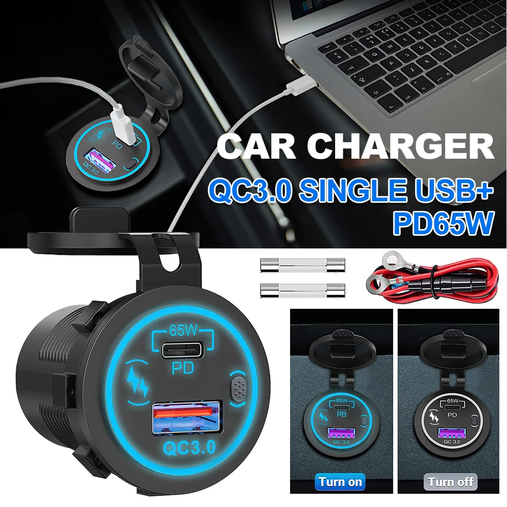 85W PD Type C/QC 3.0 USB Car Charger with Switch Fast Charge Socket Power Outlet Adapter Waterproof For 12V 24V Car Truck Boat