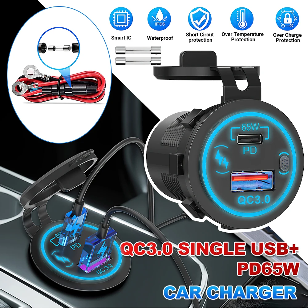 85W PD Type C/QC 3.0 USB Car Charger with Switch Fast Charge Socket Power Outlet Adapter Waterproof For 12V 24V Car Truck Boat