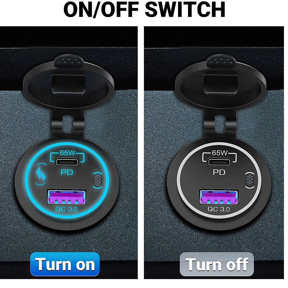 85W PD Type C/QC 3.0 USB Car Charger with Switch Fast Charge Socket Power Outlet Adapter Waterproof For 12V 24V Car Truck Boat