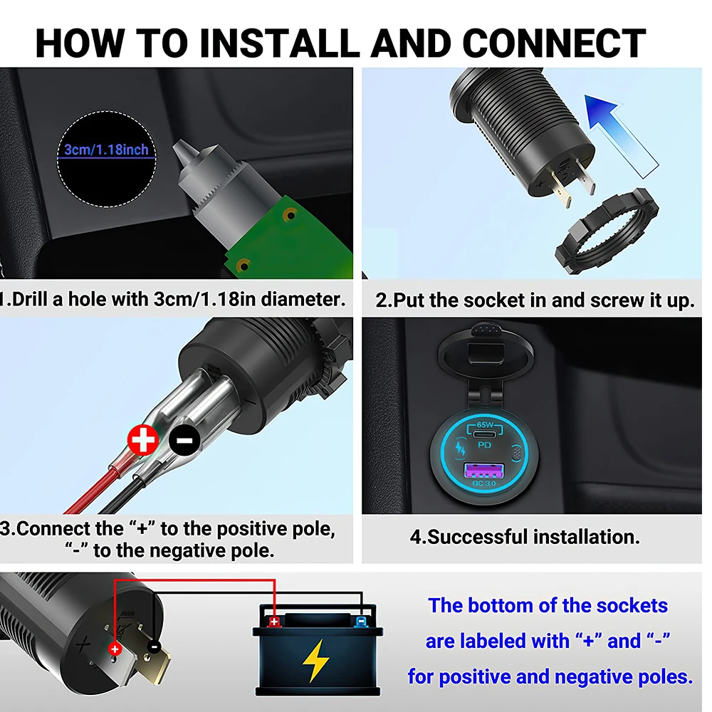 85W PD Type C/QC 3.0 USB Car Charger with Switch Fast Charge Socket Power Outlet Adapter Waterproof For 12V 24V Car Truck Boat