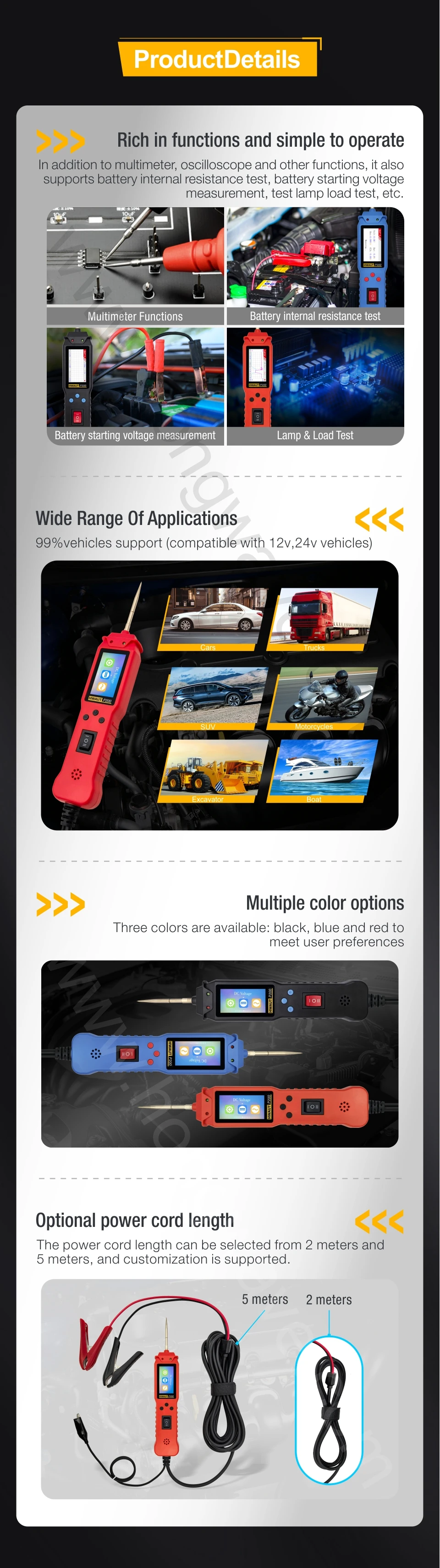 12 24V P100 P200 Automotive Circuit Tester Power Circuit Probe Electrical Tester Continuity Voltage Lamp Testing Tool 2M Cable