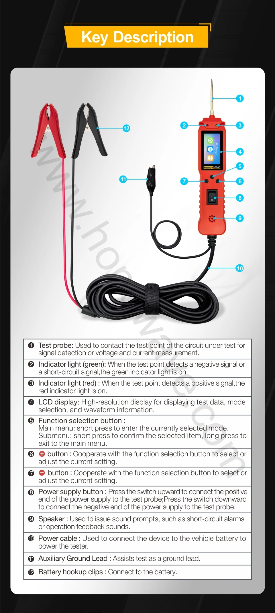 12 24V P100 P200 Automotive Circuit Tester Power Circuit Probe Electrical Tester Continuity Voltage Lamp Testing Tool 2M Cable