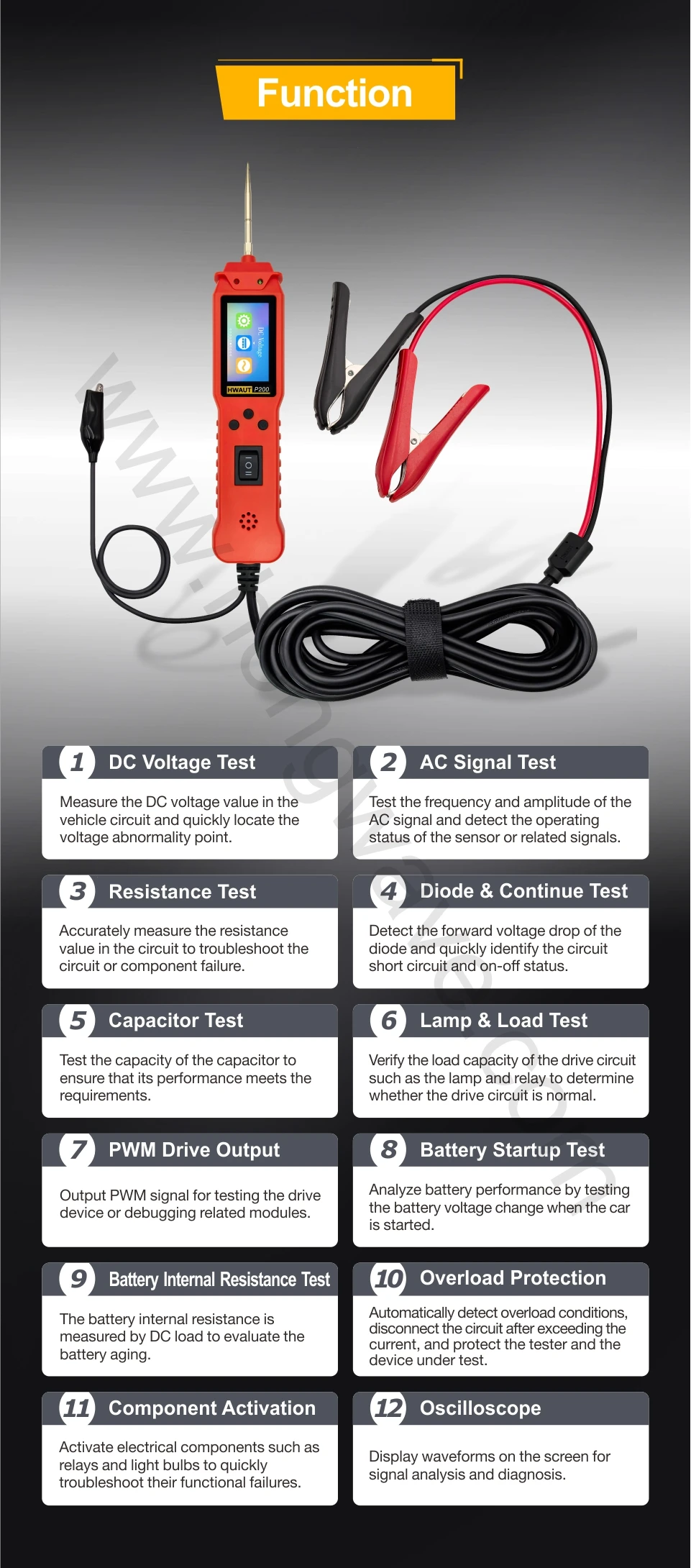 12 24V P100 P200 Automotive Circuit Tester Power Circuit Probe Electrical Tester Continuity Voltage Lamp Testing Tool 2M Cable
