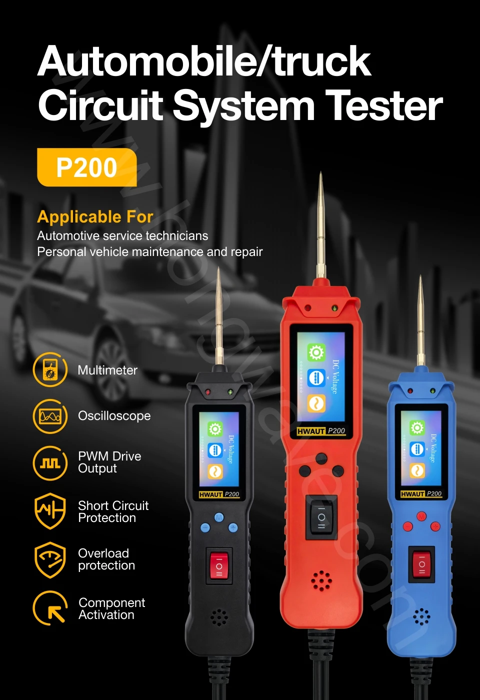 12 24V P100 P200 Automotive Circuit Tester Power Circuit Probe Electrical Tester Continuity Voltage Lamp Testing Tool 2M Cable
