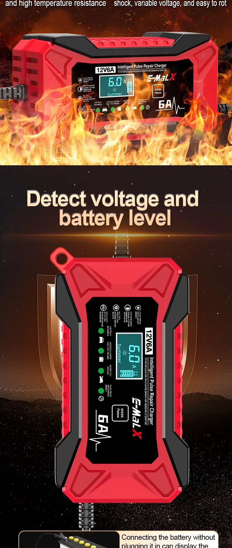 12V 6A Car Battery Charger Pulse Repair LiFePO4 14.6V Smart Fast Charge AGM Deep Cycle GEL Lead-Acid Charger For Auto Motorcycle