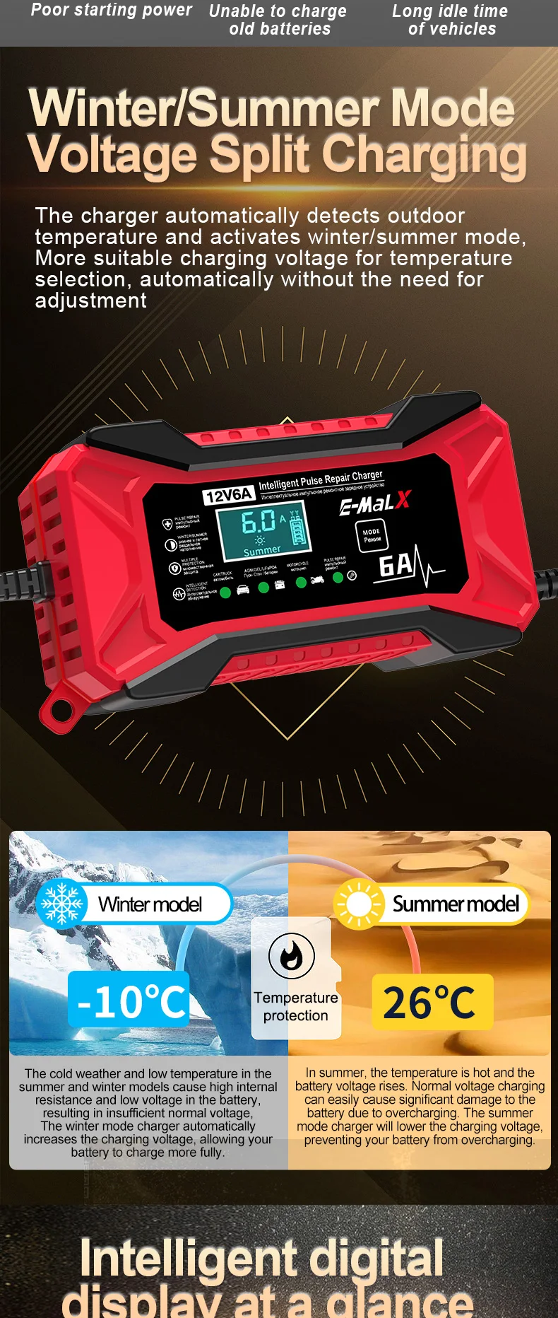 12V 6A Car Battery Charger Pulse Repair LiFePO4 14.6V Smart Fast Charge AGM Deep Cycle GEL Lead-Acid Charger For Auto Motorcycle
