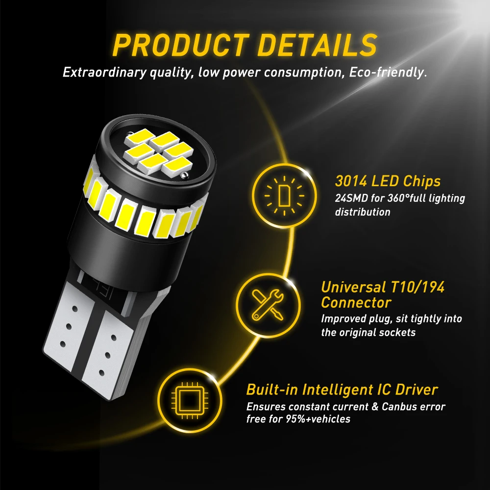 2X AUXITO 24H W5W T10 White/Red/Yellow/Blue 12V 240LM 6000K Super White Canbus For Position License Plate Clearance Night Light