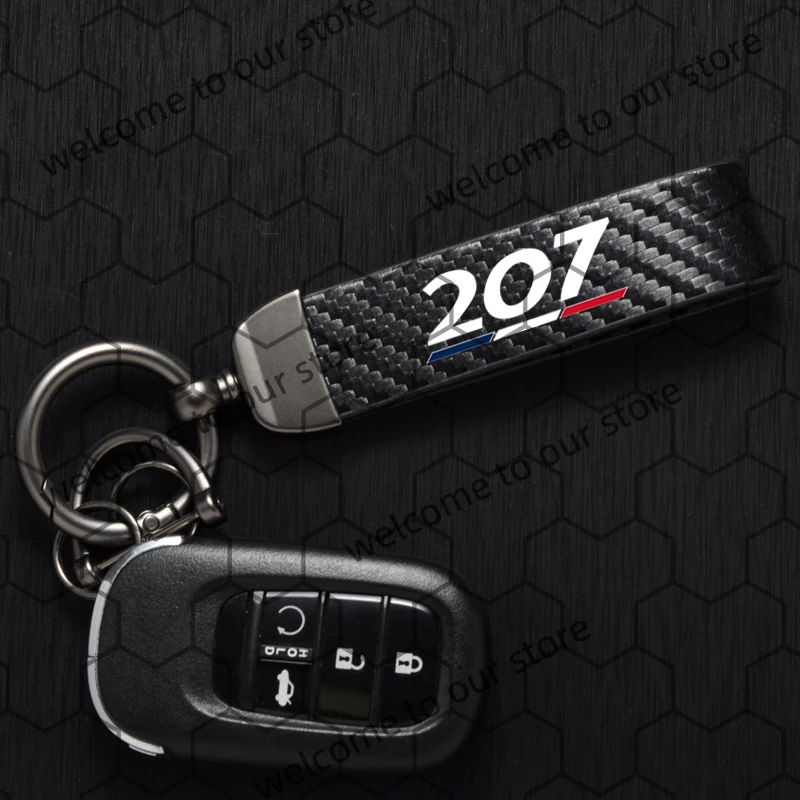1PCS For Peugeot 106 107 206 207 French Tricolor Logo Carbon Fiber Textured Leather Car Keychain Horseshoe Buckle Key Chain