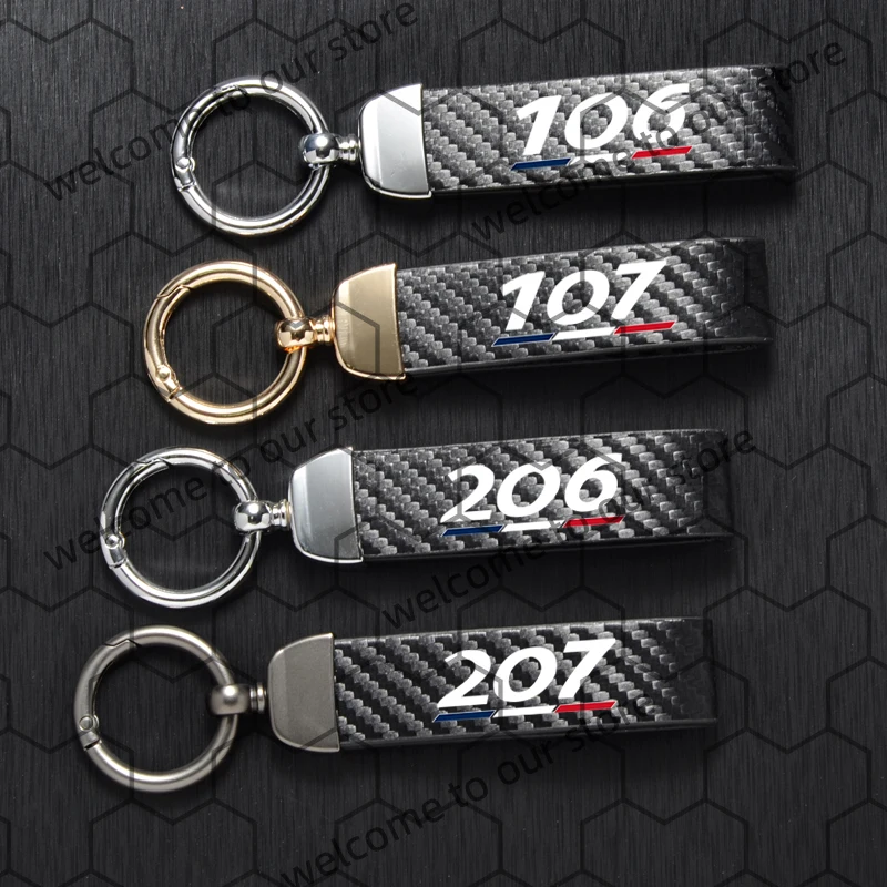 1PCS For Peugeot 106 107 206 207 French Tricolor Logo Carbon Fiber Textured Leather Car Keychain Horseshoe Buckle Key Chain