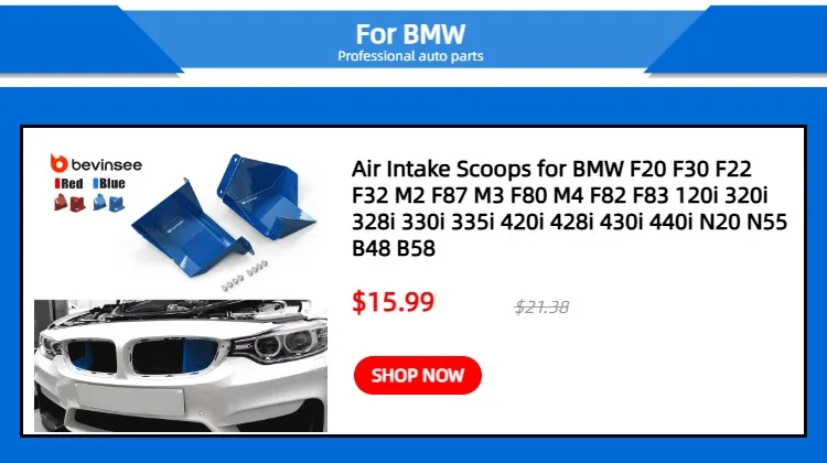 Aluminum Air Intake Scoops for BMW F30 F20 F34 F33 F36 M3 F80 M4 F82 F83 M2 F87 F22 F32 F23 F31 N20 N55 B48 B58