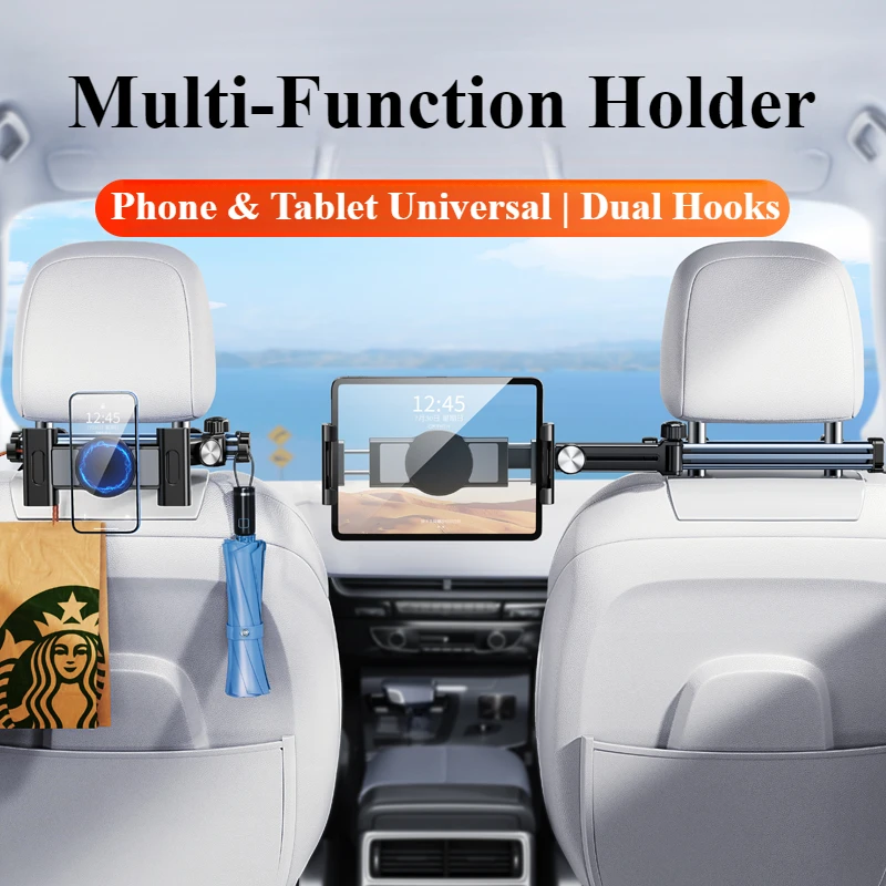 Eary Car Headrest Tablet Holder Mount Back Seat With 360°Rotate Phone Stand 2 Hooks Trip Essentials for Kids for 4.7-12.9 Inch