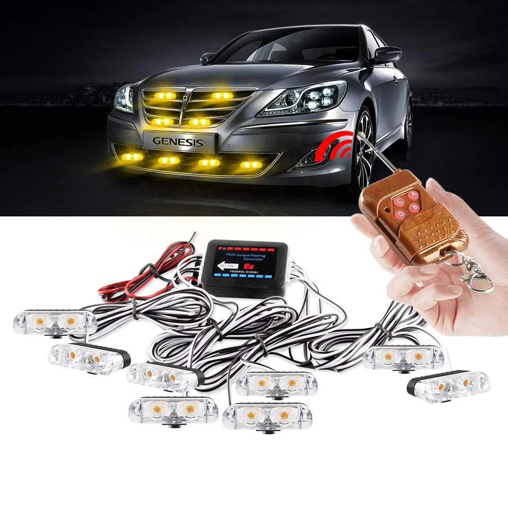 2 LED Car Emergency Strobe Lights 12V With Wireless Remote Control Yellow LED Flash Grille Light Beacon for Cars Truck Van SUV