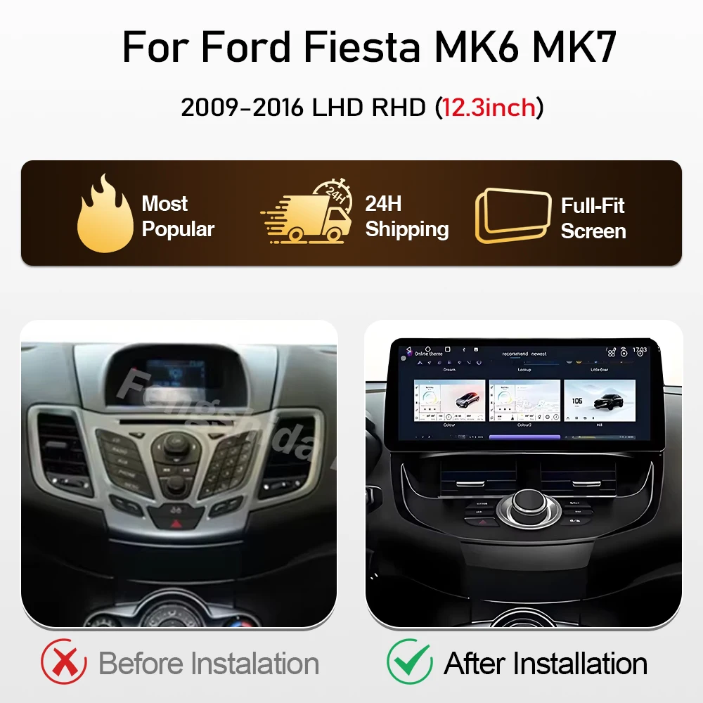 12.3 inch Car Radio For Ford Fiesta MK6 MK7 2009-2016 LHD RHD Android Multimedia Video Player GPS Wireless Carplay QLED Screen