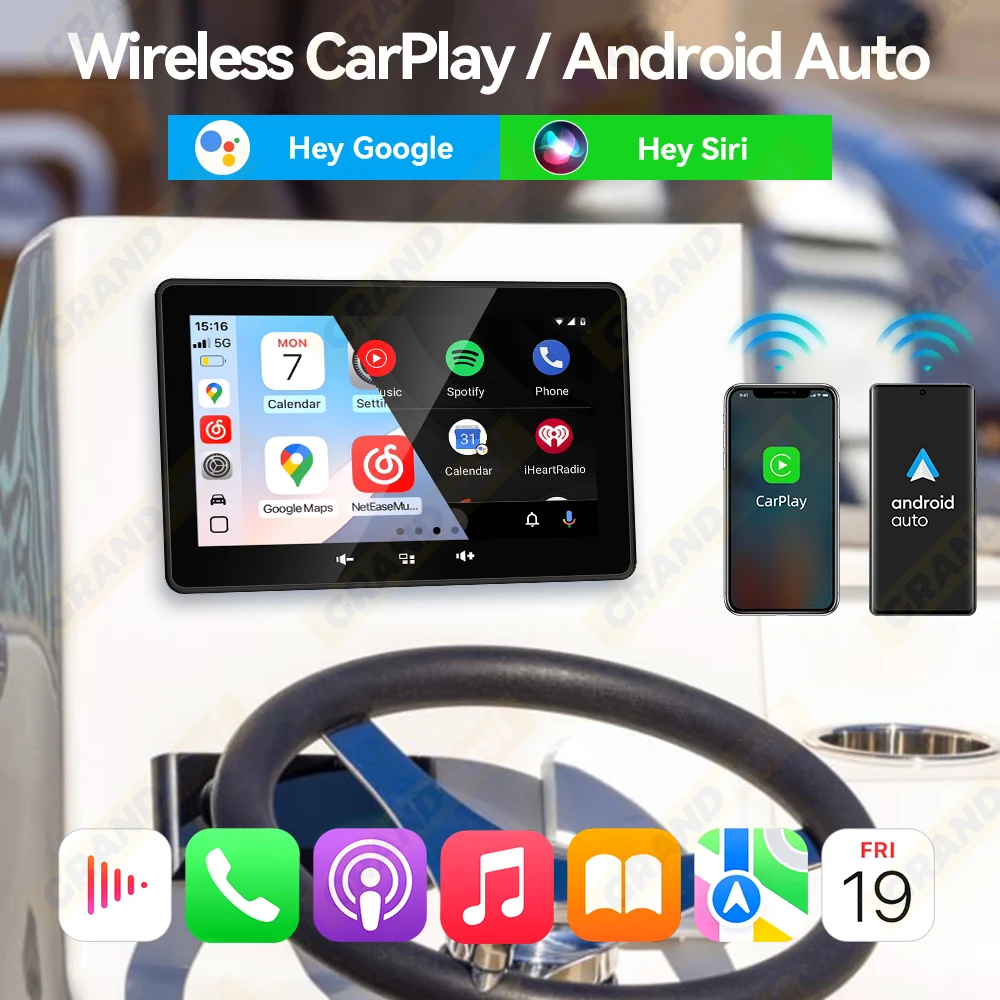 7inch MP5 Marine Boat Radio Wireless CarPlay Android Auto Waterproof IP67 Bluetooth FM AM AUX For Boat ATV UTV Yacht Golf Cart